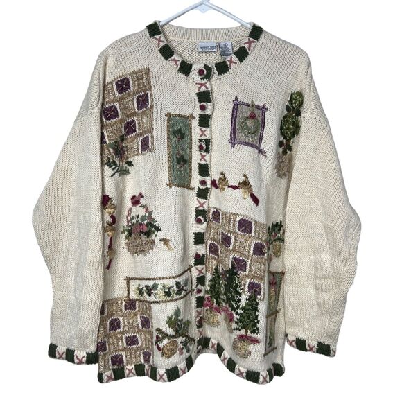 Vintage Embroidered Cardigan Sweater Botanical Christmas Newport News Size L - Picture 1 of 12